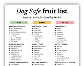Afdrukbare lijst met veilig fruit voor honden, pdf-tabel met veilige vruchten voor honden, gids eetlimiet vermijden, directe download