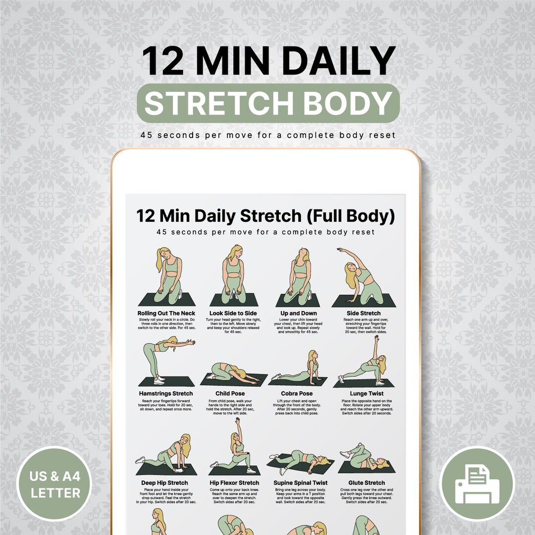 Stretch Plan 12-min Daily Full Body Stretch – Printable Fitness Chart & Exercise ...