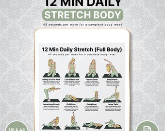 12-Min Daily Full Body Stretch – Printable Fitness Chart & Exercise Planner | Home Workout Plan PDF Poster for Beginners