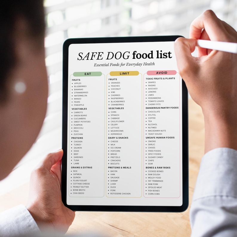 Op de afbeelding: Een digitale tablet toont een "SAFE DOG food list" met categorie&euml;n zoals "Eten", "Beperken" en "Vermijden". De lijst categoriseert fruit, groenten, eiwitten en andere voedingsmiddelen voor de dagelijkse gezondheid. Een hand houdt een stylus vast.