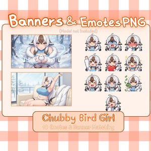 Chubby Bird Girl Emote Set | 10 Twitch Emotes & 4 Stream Banners | Plus Size Anime Discord Stickers | Curvy Harpy Stream Backgrounds