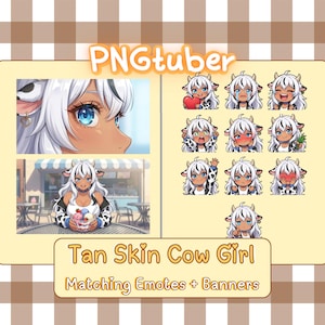 May include: Digital art featuring a tan-skinned cow girl with white hair and blue eyes. The image includes a profile view, a full body illustration, and a set of emotes. Text reads "PNGtuber" and "Tan Skin Cow Girl Matching Emotes + Banners."