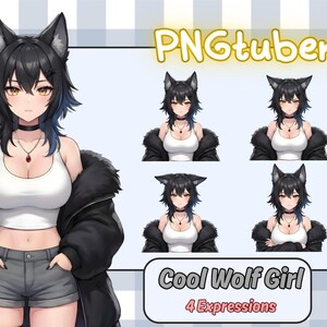 May include: Digital art of a cool wolf girl character with black hair and wolf ears, wearing a white tank top, black jacket, and gray shorts. The image includes four different expressions and the text "PNGtuber" and "Cool Wolf Girl 4 Expressions".