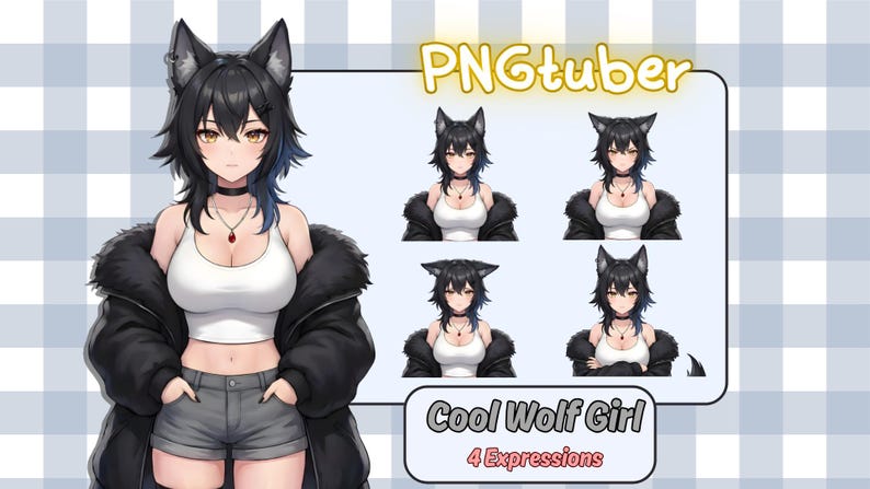 May include: Digital art of a cool wolf girl character with black hair and wolf ears, wearing a white tank top, black jacket, and gray shorts. The image includes four different expressions and the text "PNGtuber" and "Cool Wolf Girl 4 Expressions".