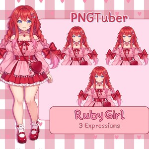 Pode incluir: Uma ilustração de personagem digital intitulada PNGTuber Ruby Girl 3 Expressions, apresentando um personagem com cabelos longos vermelhos, um vestido rosa de ombros caídos com saia vermelha, bolsa em forma de coração e sapatos vermelhos.