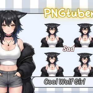 May include: An anime-style illustration of a character with wolf ears and black hair, wearing a white tank top, black jacket, and gray shorts. The image includes the text "PNGtuber" and "Cool Wolf Girl."