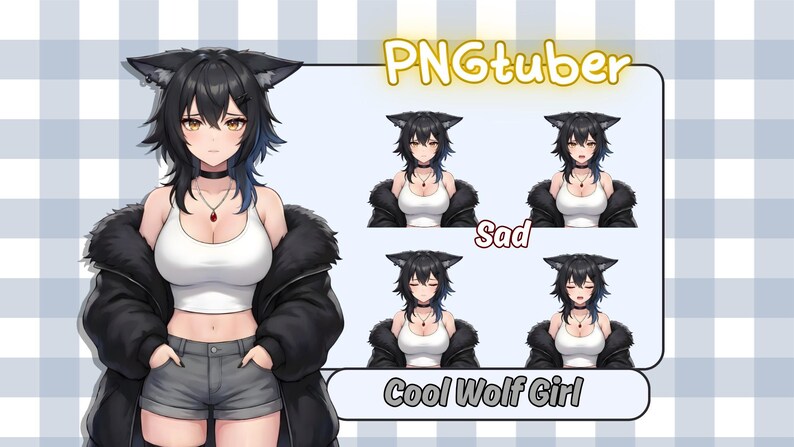 May include: An anime-style illustration of a character with wolf ears and black hair, wearing a white tank top, black jacket, and gray shorts. The image includes the text "PNGtuber" and "Cool Wolf Girl."