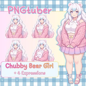 May include: Digital illustration of a cute anime-style character with white hair and bear ears, wearing a pink sweater and skirt. The image includes the text "PNGtuber" and "Chubby Bear Girl + 4 Expressions."