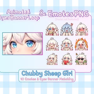 Chubby Sheep Stream Bundle | 10 Twitch Emotes & Animated Eyes Background | Cute Anime Girl Overlay | Discord Sticker Set