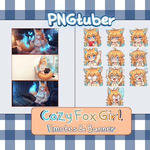 Könnte beinhalten: Digitales Kunstwerk mit einem Cozy Fox Girl. Das Bild enthält ein Banner mit dem Text "Cozy Fox Girl, Emotes & Banner". Das Bild enthält auch eine Reihe von Emotes und ein Banner mit dem Text "PNGtuber". Der Hintergrund ist ein blau-weiß kariertes Muster.