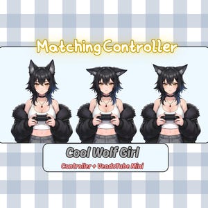 Może przedstawiać: Cyfrowa ilustracja przedstawiająca trzy postacie w stylu anime z wilczymi uszami, trzymające kontrolery. Wyświetlony jest tekst "Matching Controller" i "Cool Wolf Girl". Tło ma niebiesko-biały wzór w kratę.