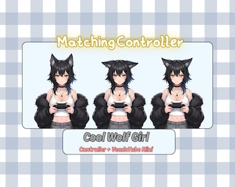 Gamer Wolf Girl PNGtuber with Controller | Black Hair Anime Streamer Avatar | Premade Veadotube Mini Ready Gaming Asset
