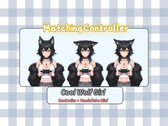Gamer Wolf Girl PNGtuber with Controller | Black Hair Anime Streamer Avatar | Premade Veadotube Mini Ready Gaming Asset