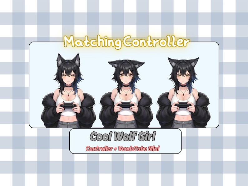 May include: Digital illustration featuring three anime-style characters with wolf ears, holding controllers. The text "Matching Controller" and "Cool Wolf Girl" are displayed. The background has a blue and white checkered pattern.