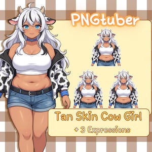 May include: Digital illustration of a tan-skinned cow girl character with white hair, blue eyes, and cow-themed accessories. She wears a white crop top, denim shorts, and a black and white cow-print jacket. The image includes three additional expressions.