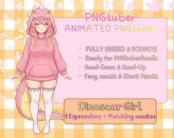 Animated Cozy Dino Girl PNGtuber Model | Fully Rigged Bouncy Avatar | Hood Toggle + Shark Mouth | PNGTuber Remix Ready + Emotes