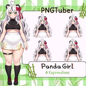 以下が含まれることがあります： 白い髪、パンダの耳、赤いリボンを持つパンダガールのキャラクターのデジタルイラスト。黒いトップス、白いスカート、黒いニーハイソックスを着用しています。画像には4つの表情と「PNGTuber」と「Panda Girl 4 Expressions」のテキストが含まれています。