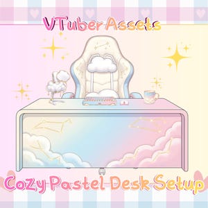 Può includere: Un'illustrazione dai colori pastello di un'accogliente configurazione da scrivania, con scrivania, sedia e accessori. La scrivania presenta un design a nuvole e costellazioni. Il testo "VTuber Assets" e "Cozy Pastel Desk Setup" sono visualizzati.
