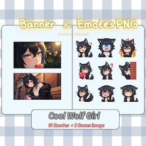 Cool Wolf Girl Emote Bundle | 10 Twitch Emotes & 2 Stream Banners | Discord Stickers | Black Hair Anime Edgy Avatar