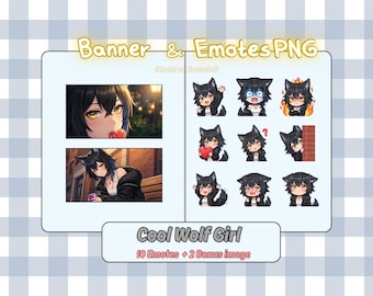 Cool Wolf Girl Emote Bundle | 10 Twitch Emotes & 2 Stream Banners | Discord Stickers | Black Hair Anime Edgy Avatar