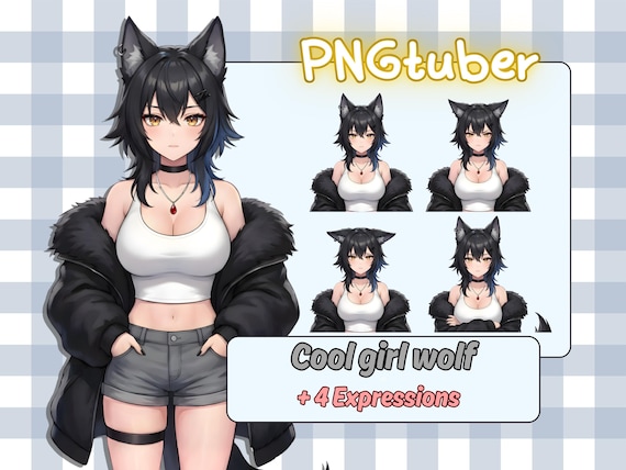 Cool Wolf Girl PNGtuber Model | Black Hair Kemonomimi Avatar | Edgy Streetwear Anime | Premade Veadotube Mini Ready