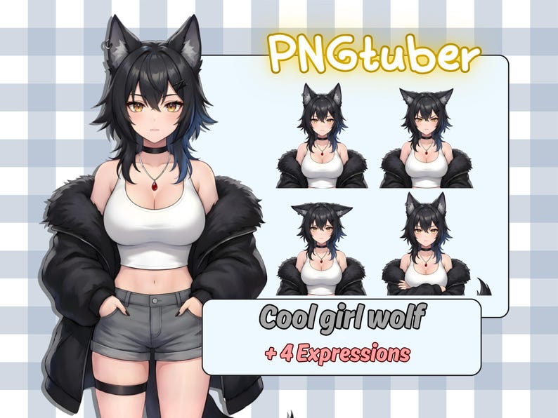 May include: Digital art of a cool girl wolf character with black hair, wolf ears, and a black jacket. The image includes the text "PNGtuber" and "Cool girl wolf + 4 Expressions". The character is wearing a white tank top and gray shorts.