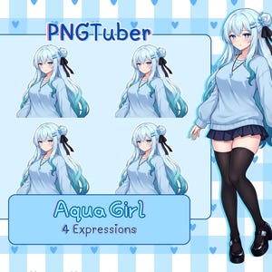 May include: A digital character sheet titled PNGTuber and Aqua Girl 4 Expressions featuring an anime-style character with long light blue hair, a pale blue sweater, a dark blue skirt, and black thigh-high stockings, displayed in four variations.