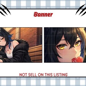 May include: Banner featuring anime-style artwork. One panel shows a character with black hair, cat ears, and a black jacket, holding a drink. The other panel is a close-up of the character's face, licking a heart-shaped lollipop. Text reads "Banner" and "NOT SELL ON THIS LISTING".
