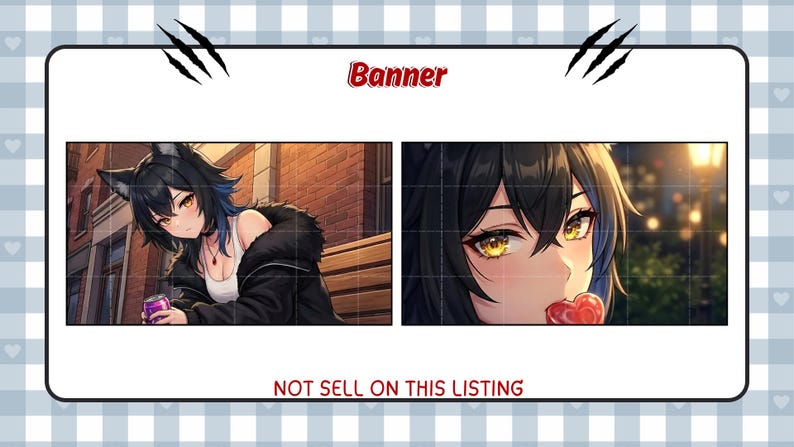 May include: Banner featuring anime-style artwork. One panel shows a character with black hair, cat ears, and a black jacket, holding a drink. The other panel is a close-up of the character's face, licking a heart-shaped lollipop. Text reads "Banner" and "NOT SELL ON THIS LISTING".