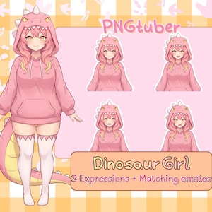 以下が含まれることがあります： ピンクの恐竜パーカーと尻尾を着たキャラクターのデジタルイラスト。キャラクターはピンクの髪で、白いサイハイソックスを履いています。画像には「PNGtuber」と「Dinosaur Girl」の文字が含まれています。