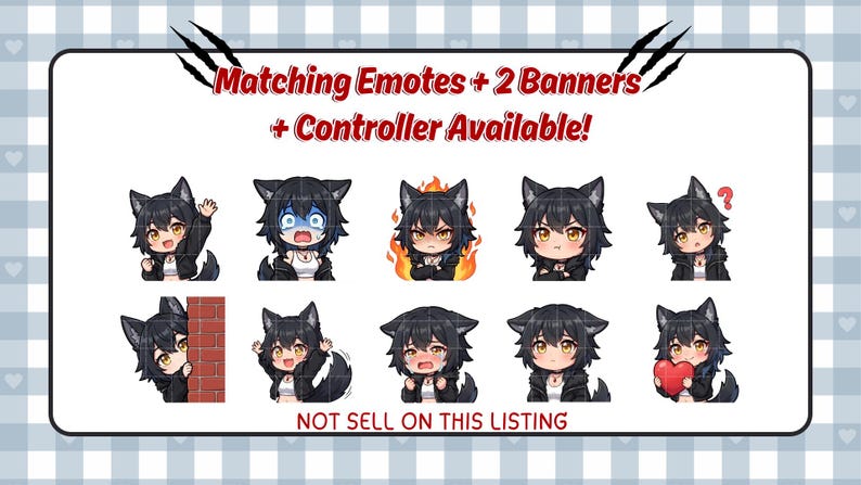 May include: A collection of cartoon emotes featuring a character with black hair and wolf ears, expressing various emotions. The image includes text that reads "Matching Emotes + 2 Banners + Controller Available!" and "NOT SELL ON THIS LISTING."