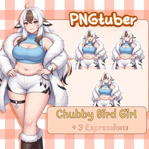 May include: Digital art of a character labeled "PNGtuber" with a bird-like appearance. The character wears a light blue crop top, white shorts, and a fluffy white coat. The image includes the text "Chubby Bird Girl + 3 Expressions."