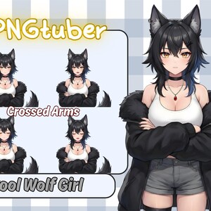 May include: An anime-style illustration of a cool wolf girl with black hair and wolf ears. She wears a white top, black jacket, and gray shorts. The image includes a PNGtuber graphic with the text "PNGtuber" and "Cool Wolf Girl."