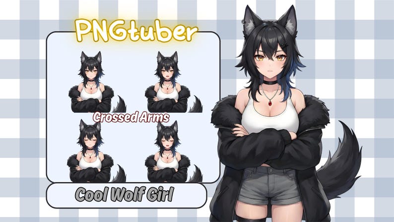 May include: An anime-style illustration of a cool wolf girl with black hair and wolf ears. She wears a white top, black jacket, and gray shorts. The image includes a PNGtuber graphic with the text "PNGtuber" and "Cool Wolf Girl."