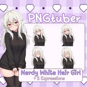 May include: Digital artwork featuring a white-haired anime character with glasses and a black sweater. The image includes the text "PNGtuber" and "Nerdy White Hair Girl + 2 Expressions" on a purple checkered background with heart and dot accents.