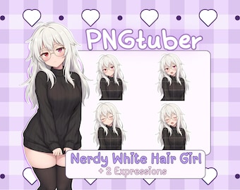 Nerdy Girl PNGtuber Model | White Hair Anime Glasses Avatar | Premade Veadotube Mini Ready | Introvert Character