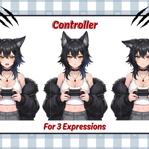 May include: Illustration of a character with black hair and cat ears, holding a controller, with three different facial expressions. The text "Controller" and "For 3 Expressions" are displayed in the image. The background is a light blue and white checkered pattern.
