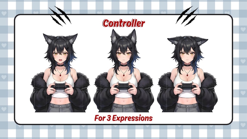 May include: Illustration of a character with black hair and cat ears, holding a controller, with three different facial expressions. The text "Controller" and "For 3 Expressions" are displayed in the image. The background is a light blue and white checkered pattern.