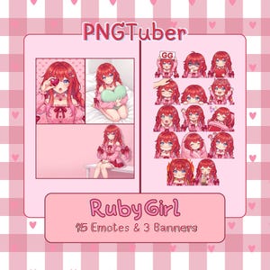May include: A digital asset pack titled Ruby Girl featuring 15 anime-style emotes and 3 banners. The character has long red hair, blue eyes, and wears pink clothing. The emotes show various expressions and actions, including holding a heart and text.