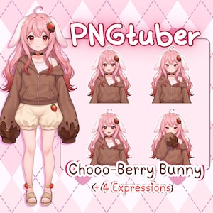 Può includere: Illustrazione digitale di un personaggio PNGtuber Choco-Berry Bunny. Il personaggio ha capelli rosa, orecchie da coniglio e una felpa con cappuccio marrone. L'immagine include il personaggio con diverse espressioni, con il testo "PNGtuber" e "Choco-Berry Bunny (+4 Expressions)".