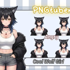 May include: Digital illustration of a cool wolf girl character with black hair, wolf ears, and a black jacket. The image includes the text "PNGtuber" and "Cool Wolf Girl", along with different facial expressions.
