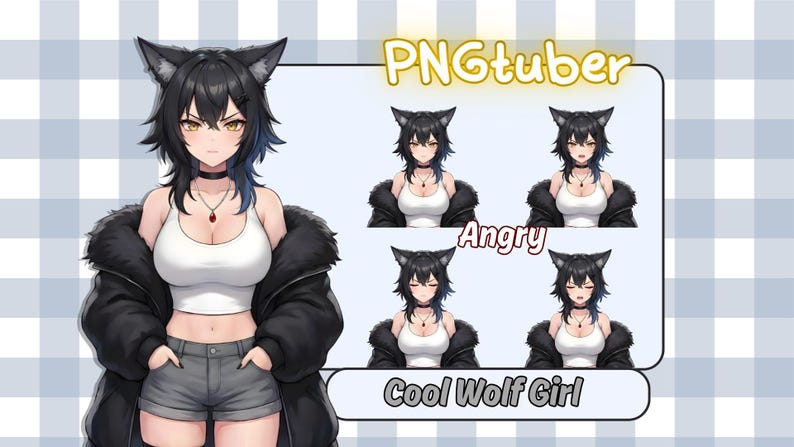 May include: Digital illustration of a cool wolf girl character with black hair, wolf ears, and a black jacket. The image includes the text "PNGtuber" and "Cool Wolf Girl", along with different facial expressions.
