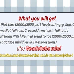 May include: A white rectangular graphic on a blue and white checkered background. The graphic lists the contents of a digital product: 20 PNG files, 1 full body PNG, and 1 Veadotube mini file. Text in red says "What you will get".