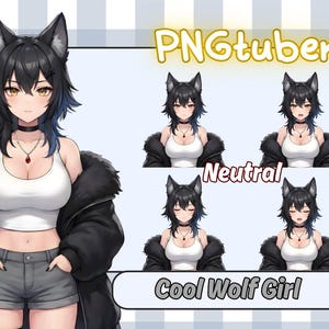 May include: Digital art of a cool wolf girl character with black hair and wolf ears, wearing a white tank top, black jacket, and gray shorts. The image includes the text "PNGTuber" and "Cool Wolf Girl."