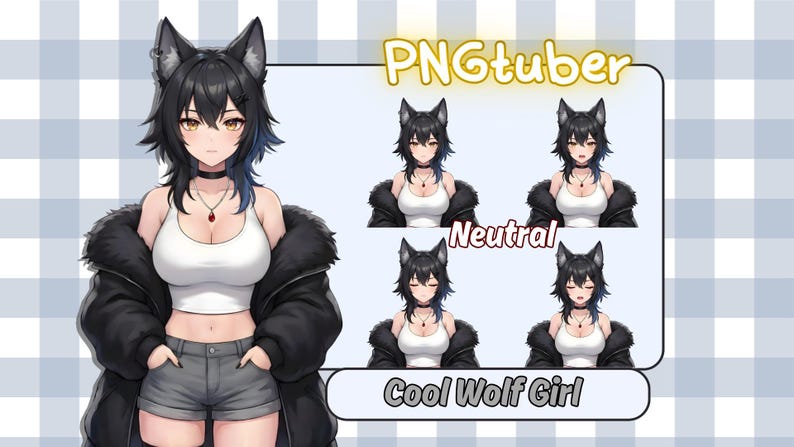 May include: Digital art of a cool wolf girl character with black hair and wolf ears, wearing a white tank top, black jacket, and gray shorts. The image includes the text "PNGTuber" and "Cool Wolf Girl."