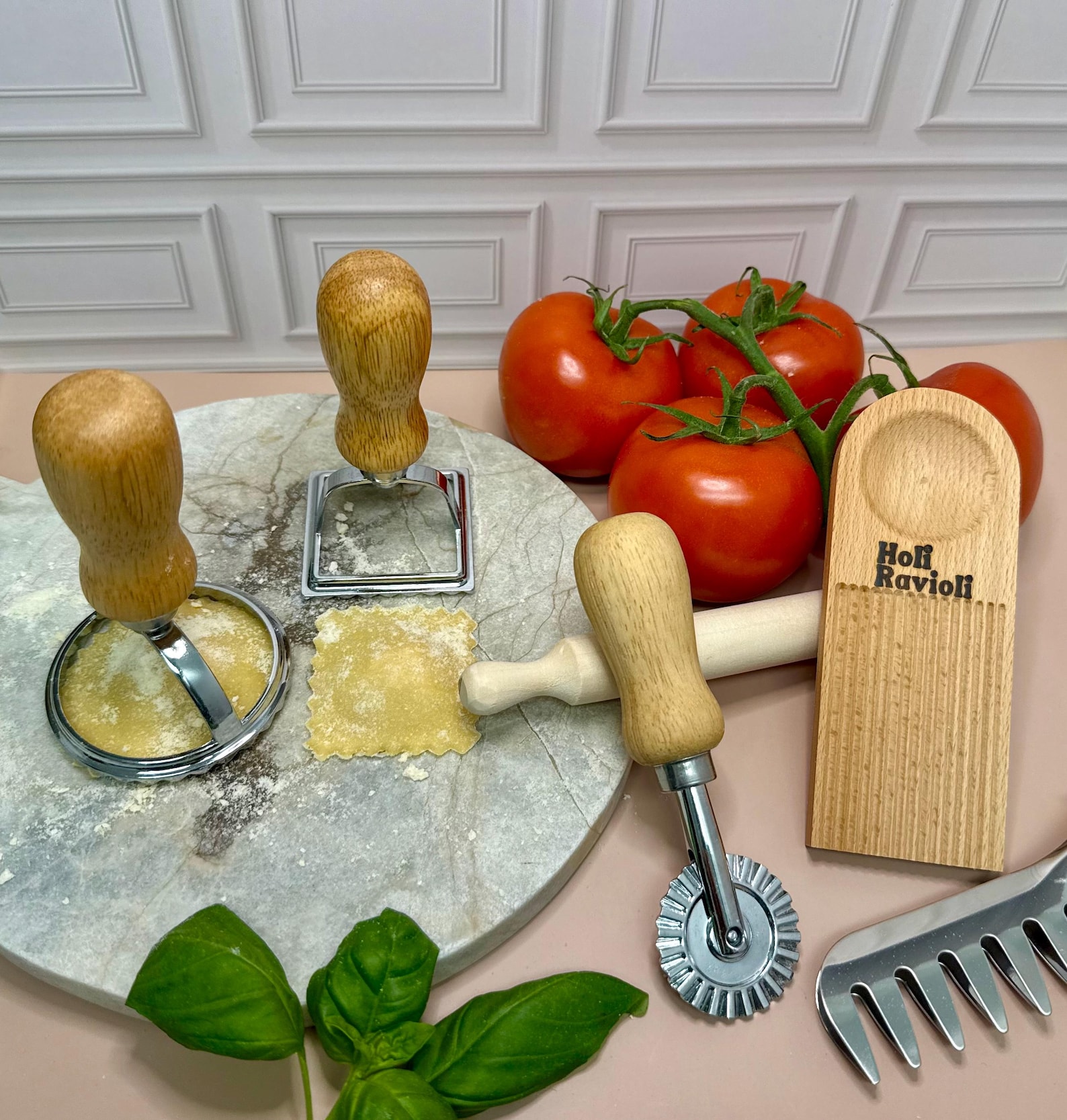 Fresh Pasta Making Set – Ravioli Stamp, Cutter Wheel & Gnocchi Board Kit – Italian Cooking Gift for Home Chef – 6-Piece Handmade Pasta Tools