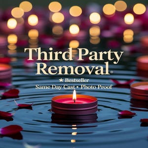 May include: Image features lit candles floating on water, surrounded by rose petals. The text "Third Party Removal" is displayed prominently, with additional text indicating "Bestseller", "Same Day Cast", and "Photo Proof". The background shows blurred lights.