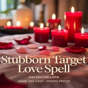 May include: A collection of lit red candles of varying sizes, rose petals, and pink gemstones are arranged on a soft, textured surface. The text "Stubborn Target Love Spell" is displayed prominently.