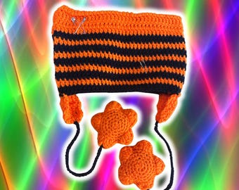 Neon Orange Cat Beanie with Star Tassels