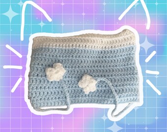 Sparkly Pastel Blue and White Cat Beanie with Mini Star Tassels